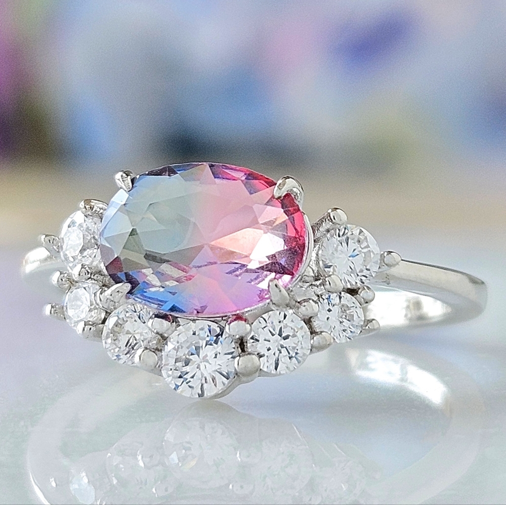 Pink & Blue Oval Gemstone Ring, 925 Sterling Silver Charmed Aroma